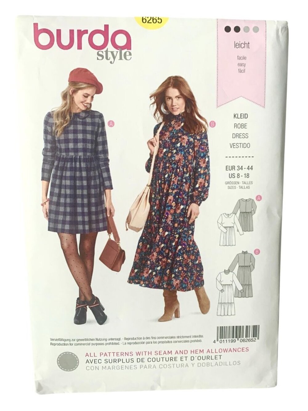 Burda 6265 Pattern Misses Loose Fitting Dress Variation Size 8 10 12 14 16 18